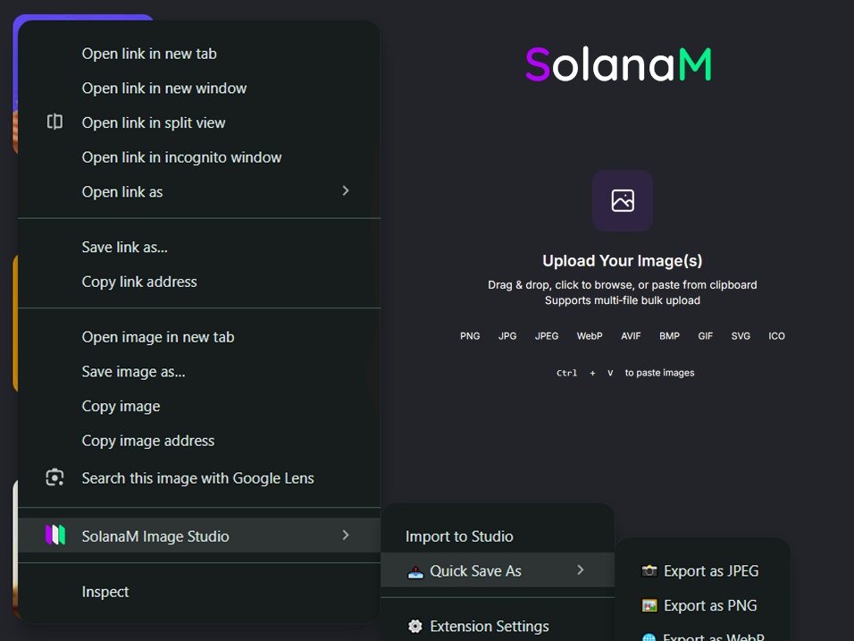 SolanaM Image Studio Chrome extension editing an image in the browser side panel